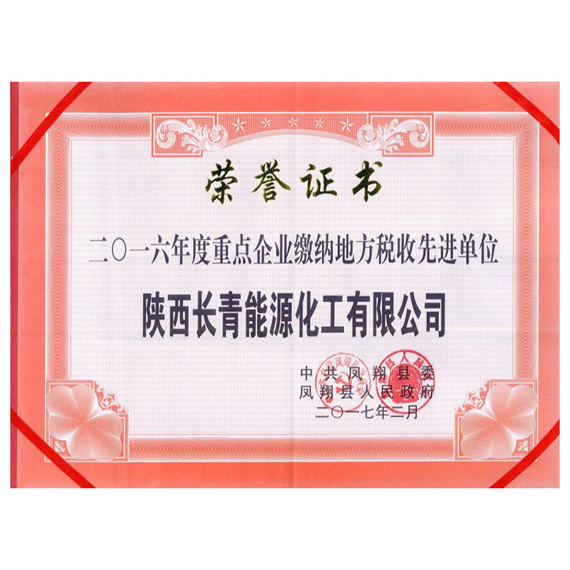 公司被凤翔县人民*评为2016年度重点企业缴纳地方税收先进单位